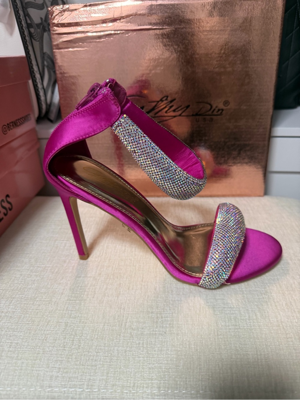 Women's Fuchsia Satin High Heel Sandals with Crystal Straps
